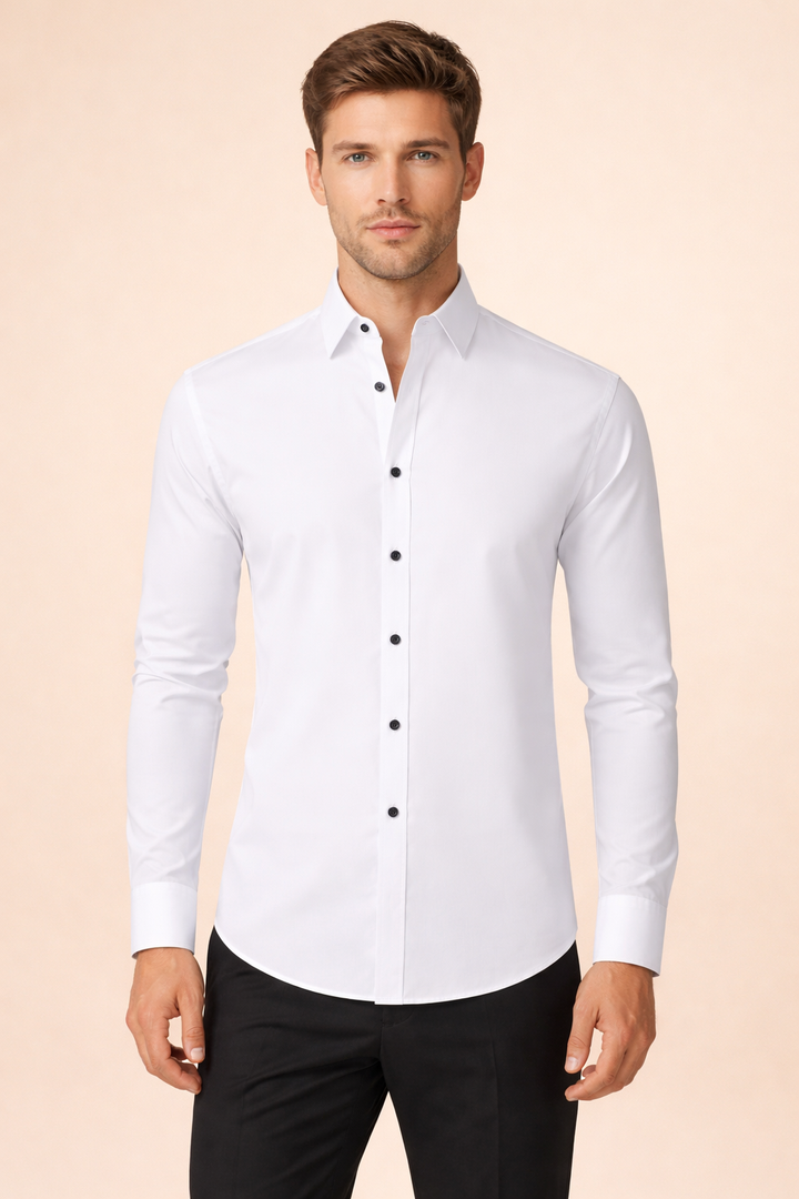 Flat lay of men's stylish long-sleeve stand-up collar shirt