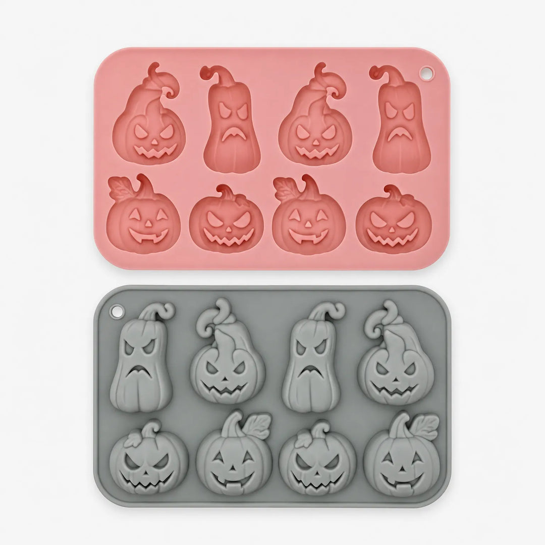 Top down view of pink and grey pumpkin silicone moulds showing cavity details