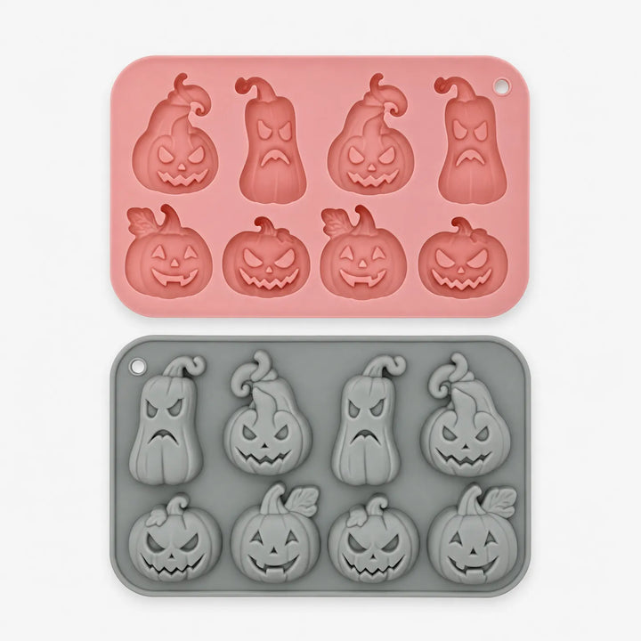Top down view of pink and grey pumpkin silicone moulds showing cavity details