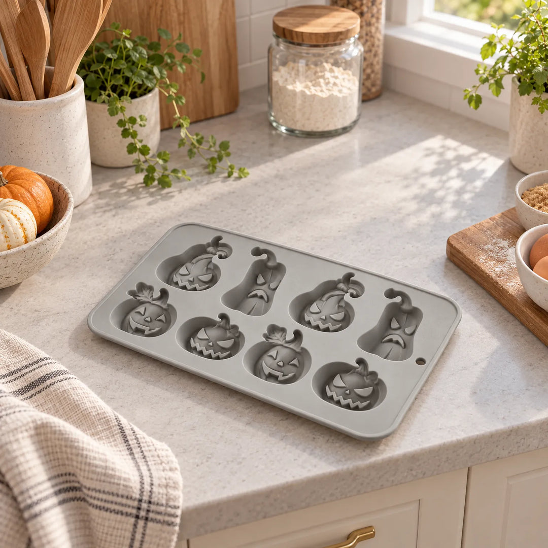 Single grey silicone Halloween baking mould displayed on kitchen surface
