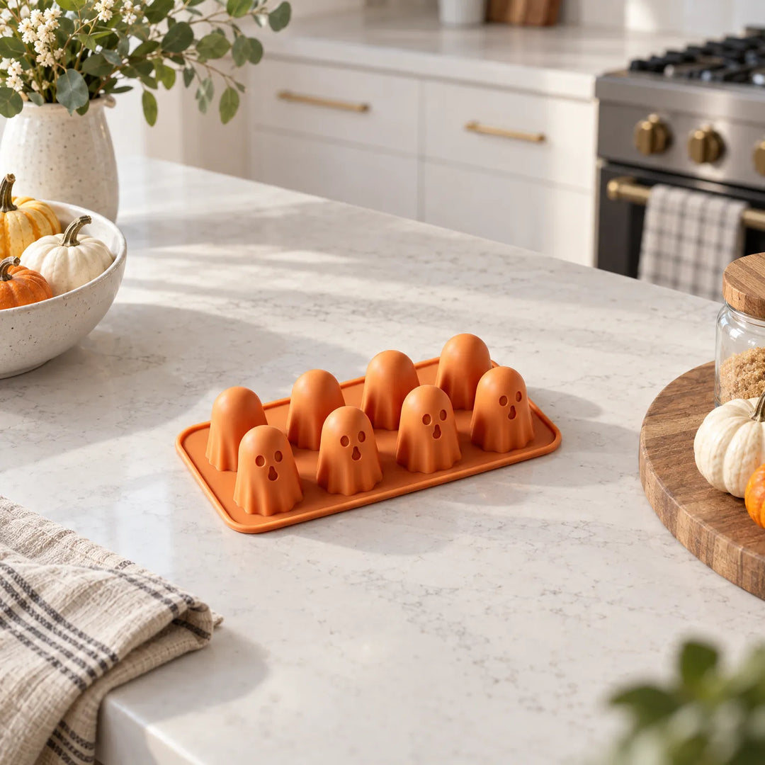 Top view of the orange ghost silicone mould in a modern kitchen setting
