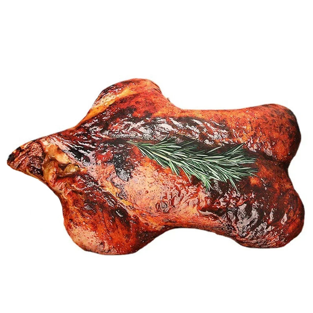 Funny stuffed food pillow resembling a delicious grilled barbecue meal