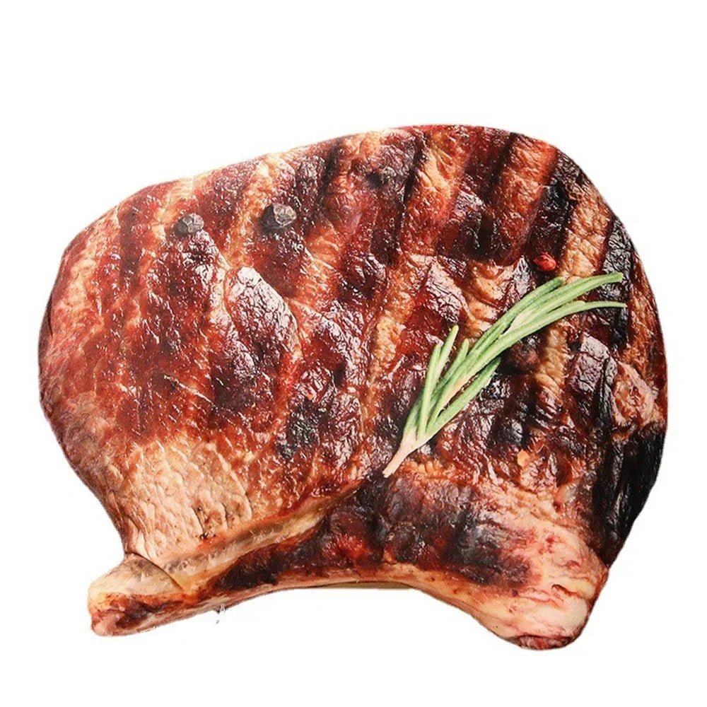 Plush food cushion featuring realistic grilled BBQ details for gifts