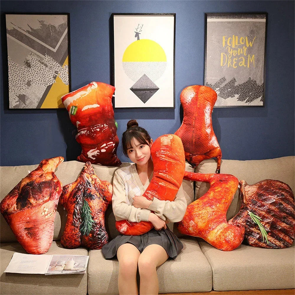 Comfortable novelty decor pillow shaped like simulated grilled food