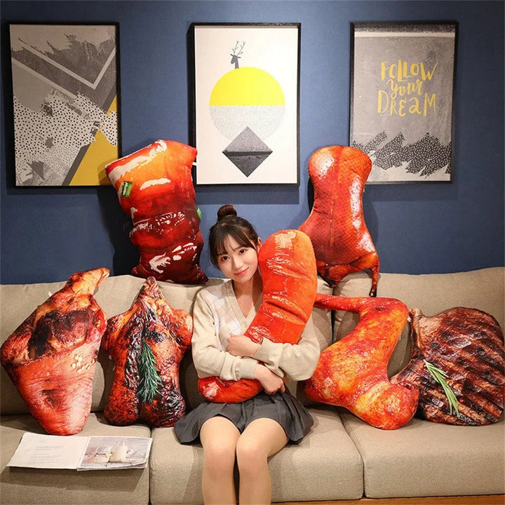 Comfortable novelty decor pillow shaped like simulated grilled food