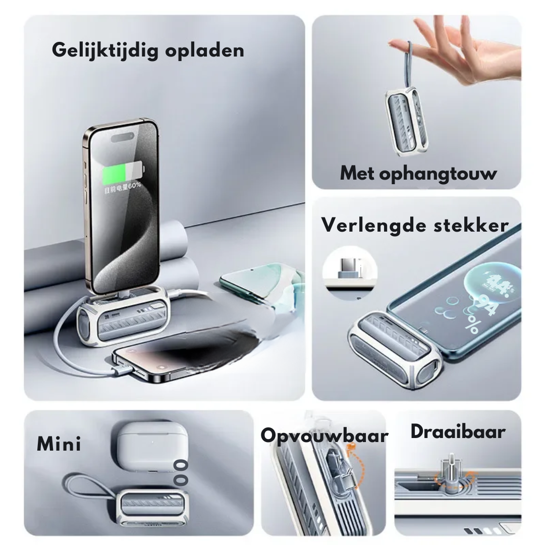 Demonstration grid showing a power bank charging a smartphone, holding by its strap, and highlighting its compact size.