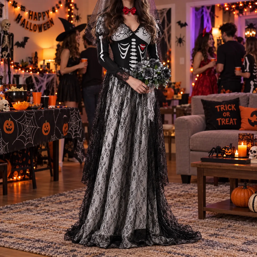Woman wearing a skeleton print Halloween costume dress and veil at a party