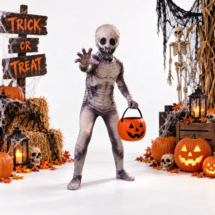 Child wearing skeleton printed bodysuit costume holding pumpkin bucket near Halloween decorations