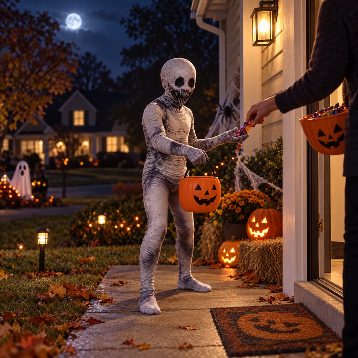 Child in skeleton bodysuit trick-or-treating at a house door at night