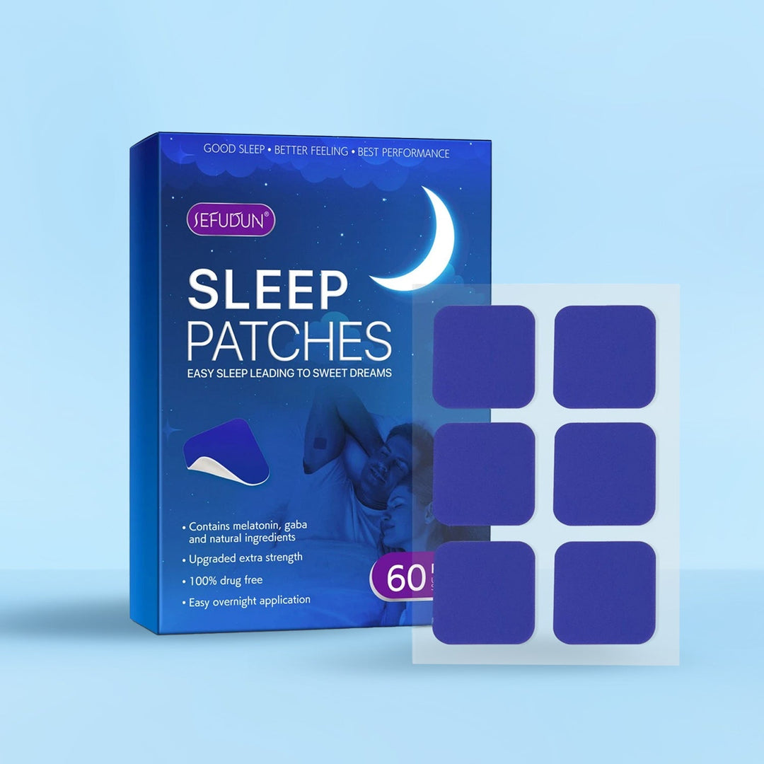 Close-up of transdermal sleep patches showing easy-peel backing liner