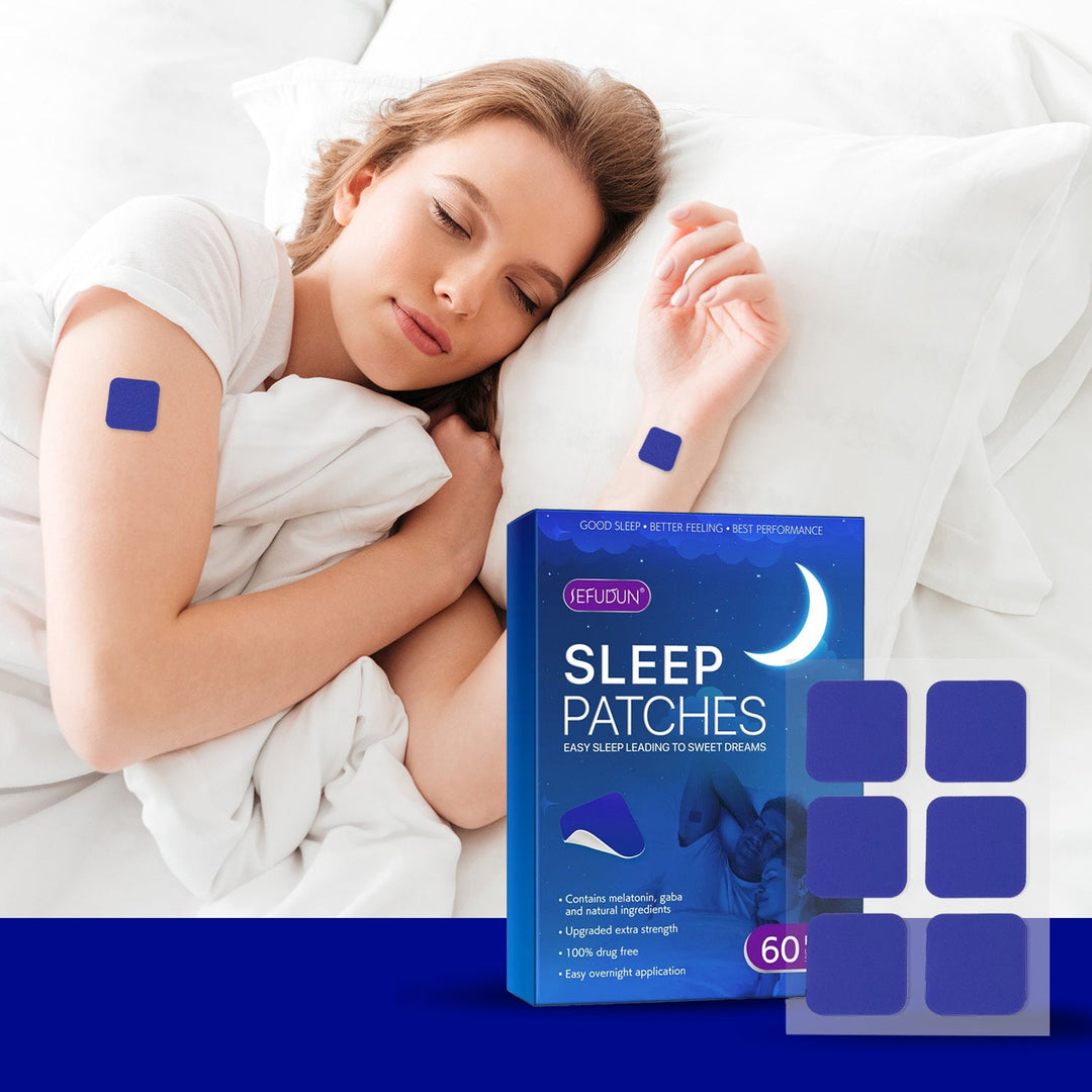 Woman sleeping peacefully with a blue sleep patch applied to her shoulder