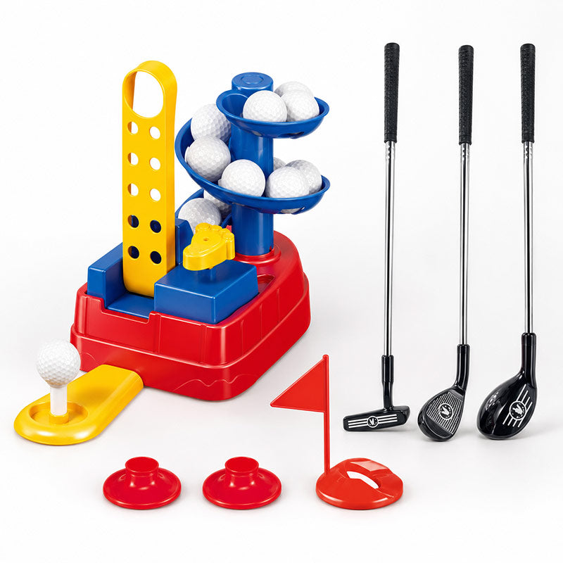 Kids outdoor junior golf training set with automatic ball feeder in backyard