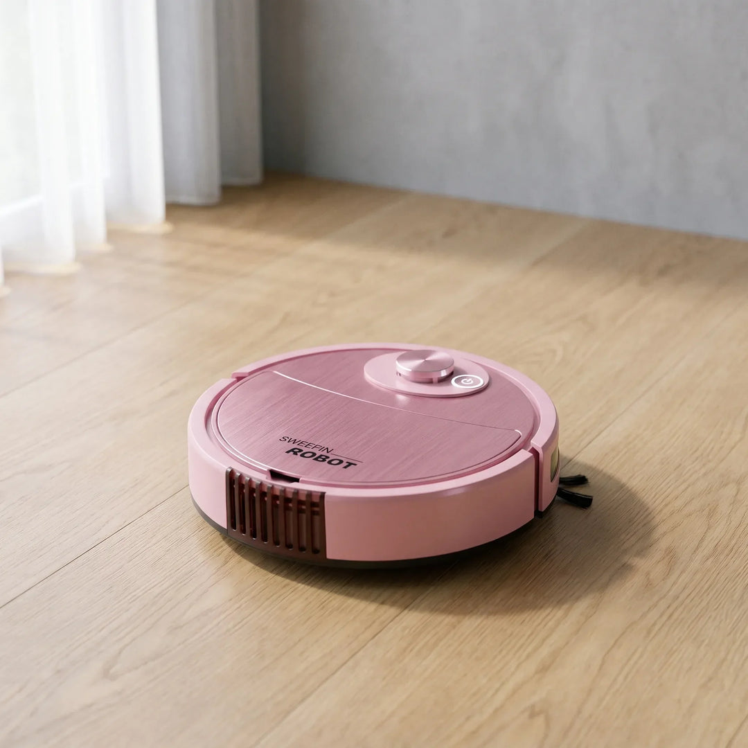 Pink slim robotic vacuum cleaner placed on a wooden floor near a curtain