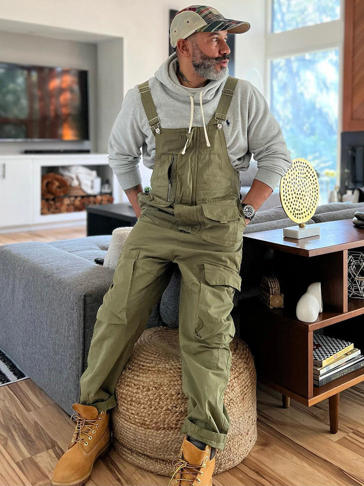 Close-up of durable fabric and chest pocket on men's utility overalls
