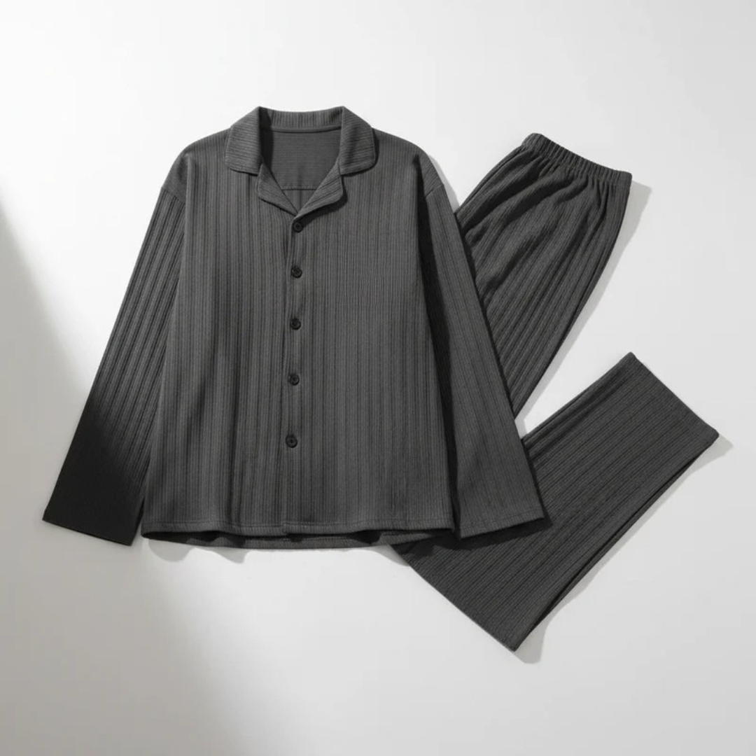 Mens pyjamas button fastening and chest pocket closeup