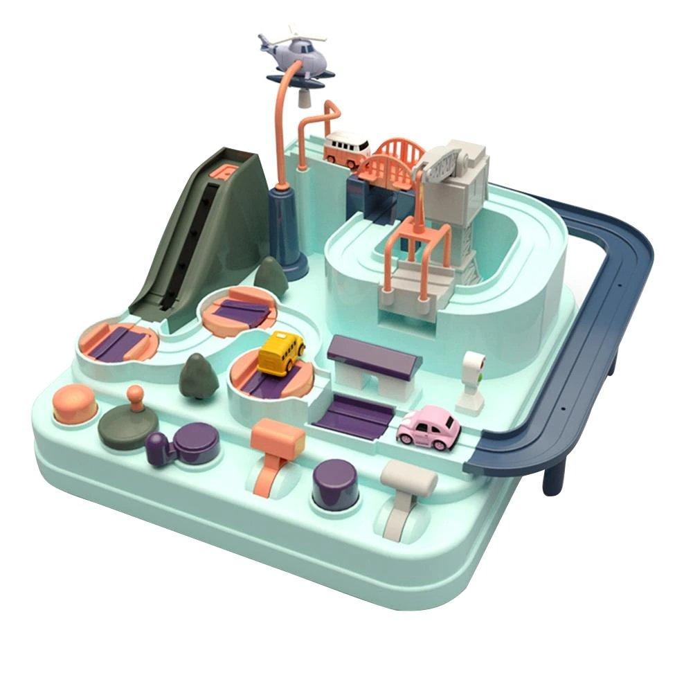Portable travel toy car adventure playset in vibrant colors