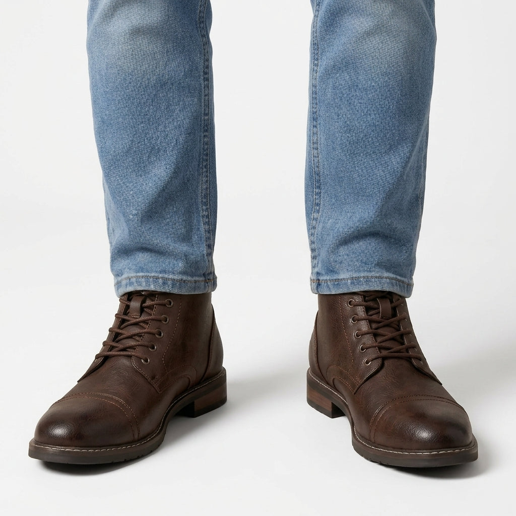 Men wearing brown lace-up cap-toe ankle boots with blue jeans