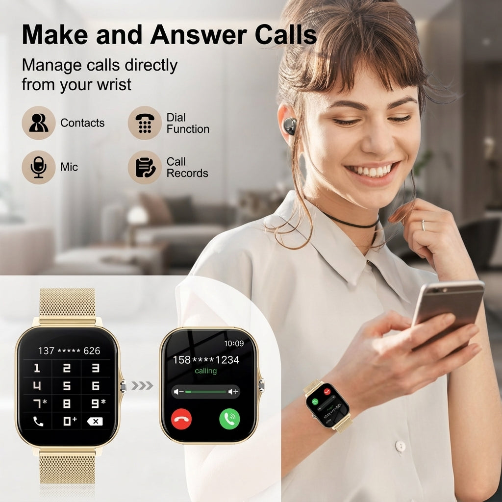 Woman wearing the gold smart fitness watch while checking her smartphone and making a call