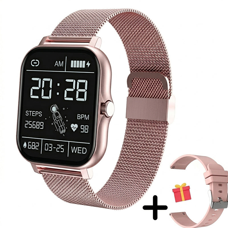 Water-resistant health tracking fitness watch displayed near a water splash