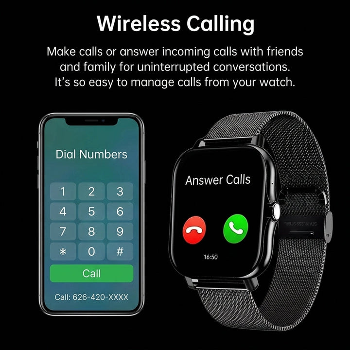 Wireless calling interface displayed on the smart fitness watch alongside a mobile phone