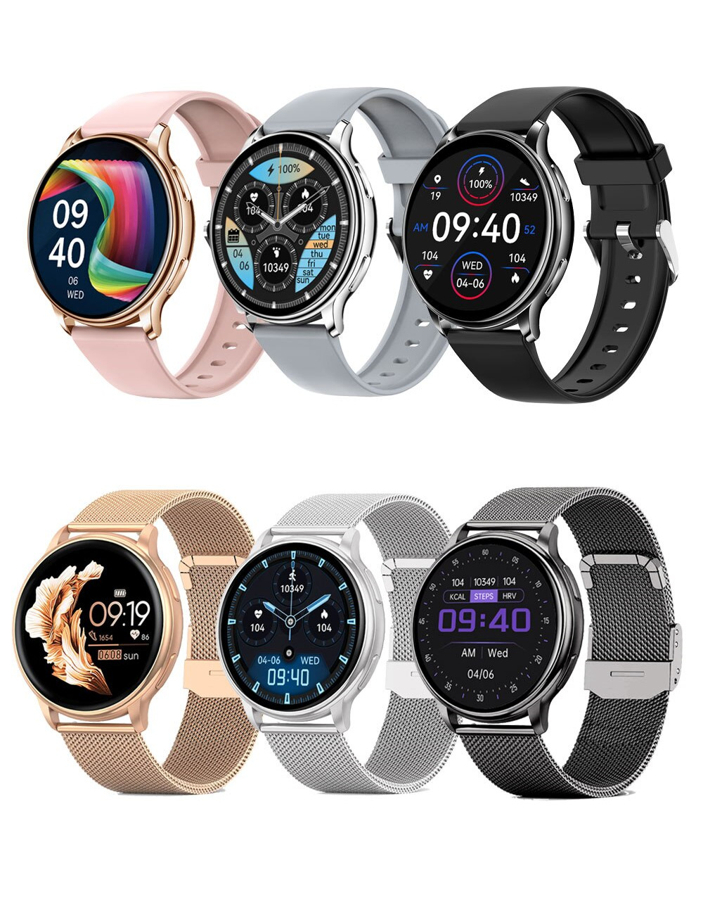 Full color lineup of SmartPulse smartwatches showing silicone and mesh strap options