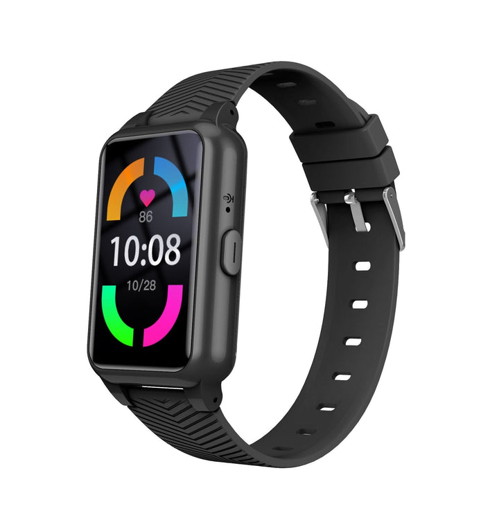 Black senior safe smartwatch with digital time and fitness rings display