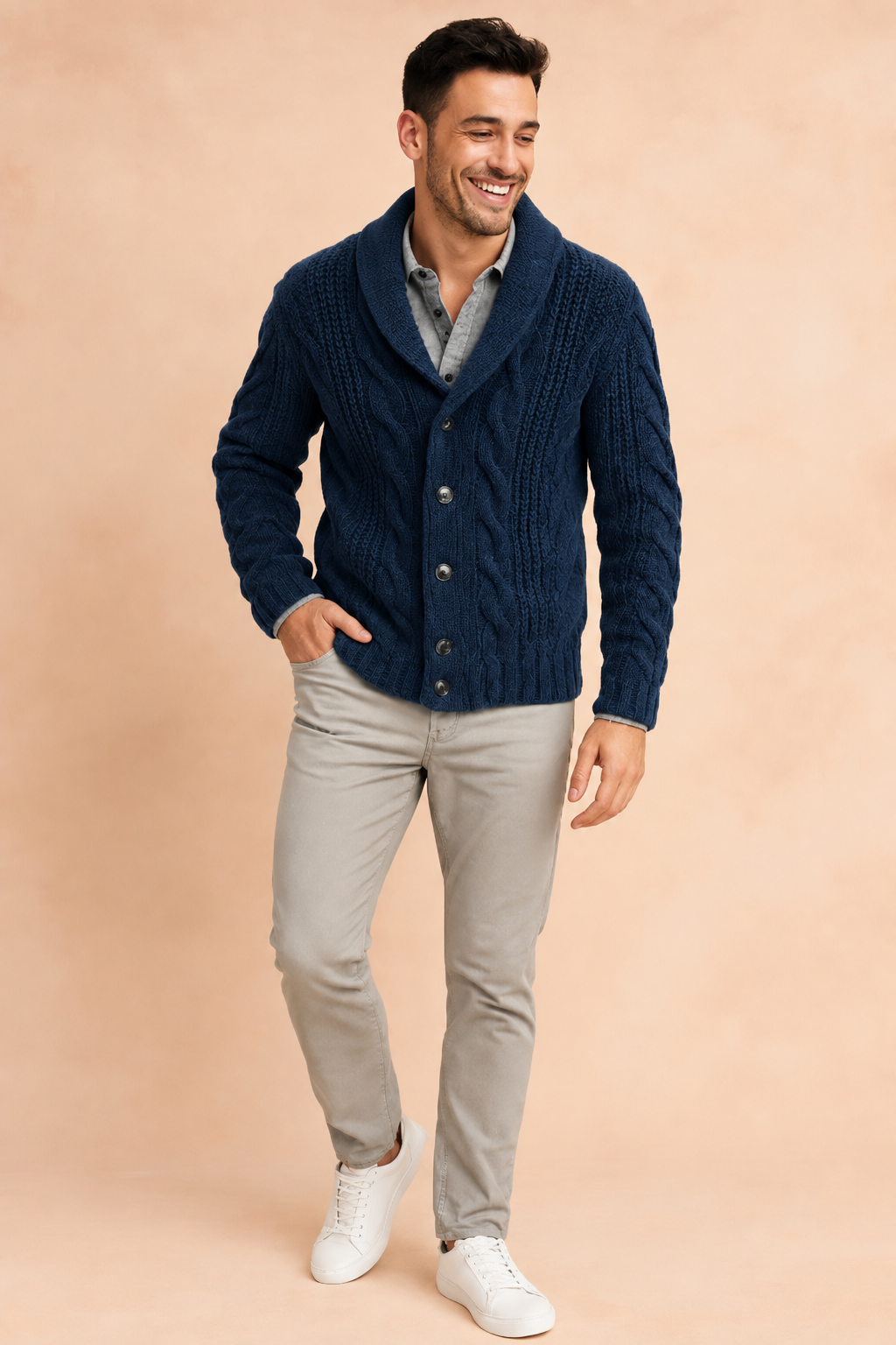 Close up of knit texture and buttons on mens winter cardigan