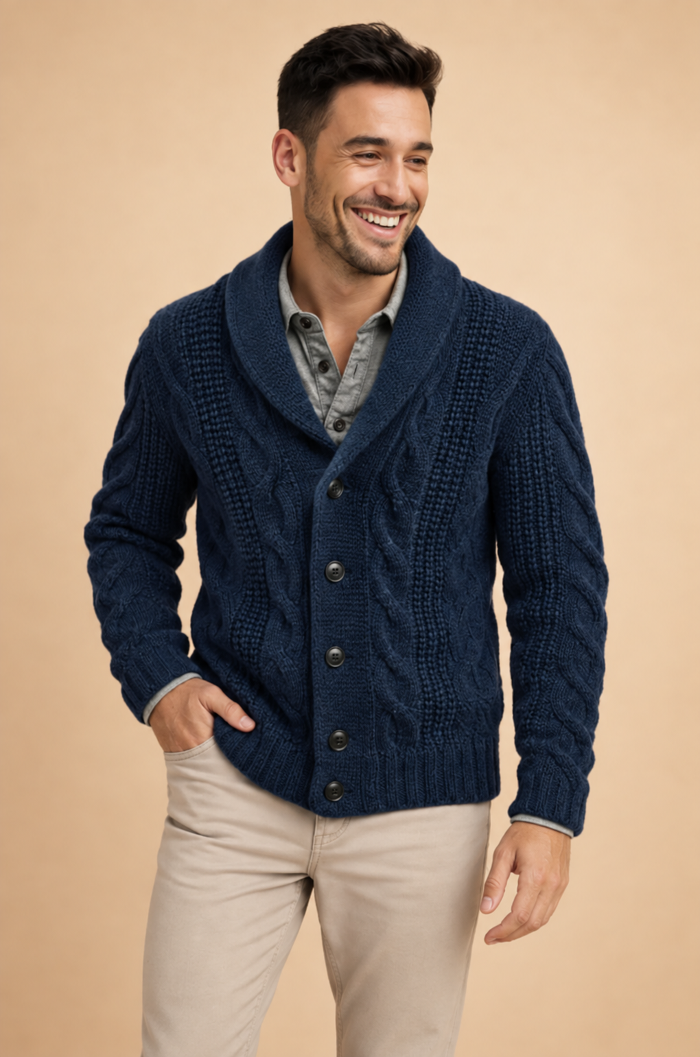Man wearing Dark Blue button cardigan with shawl collar