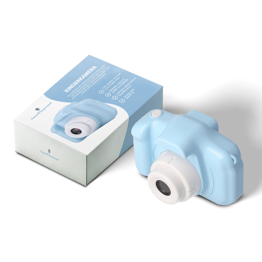 Light blue kids digital camera next to its retail box packaging