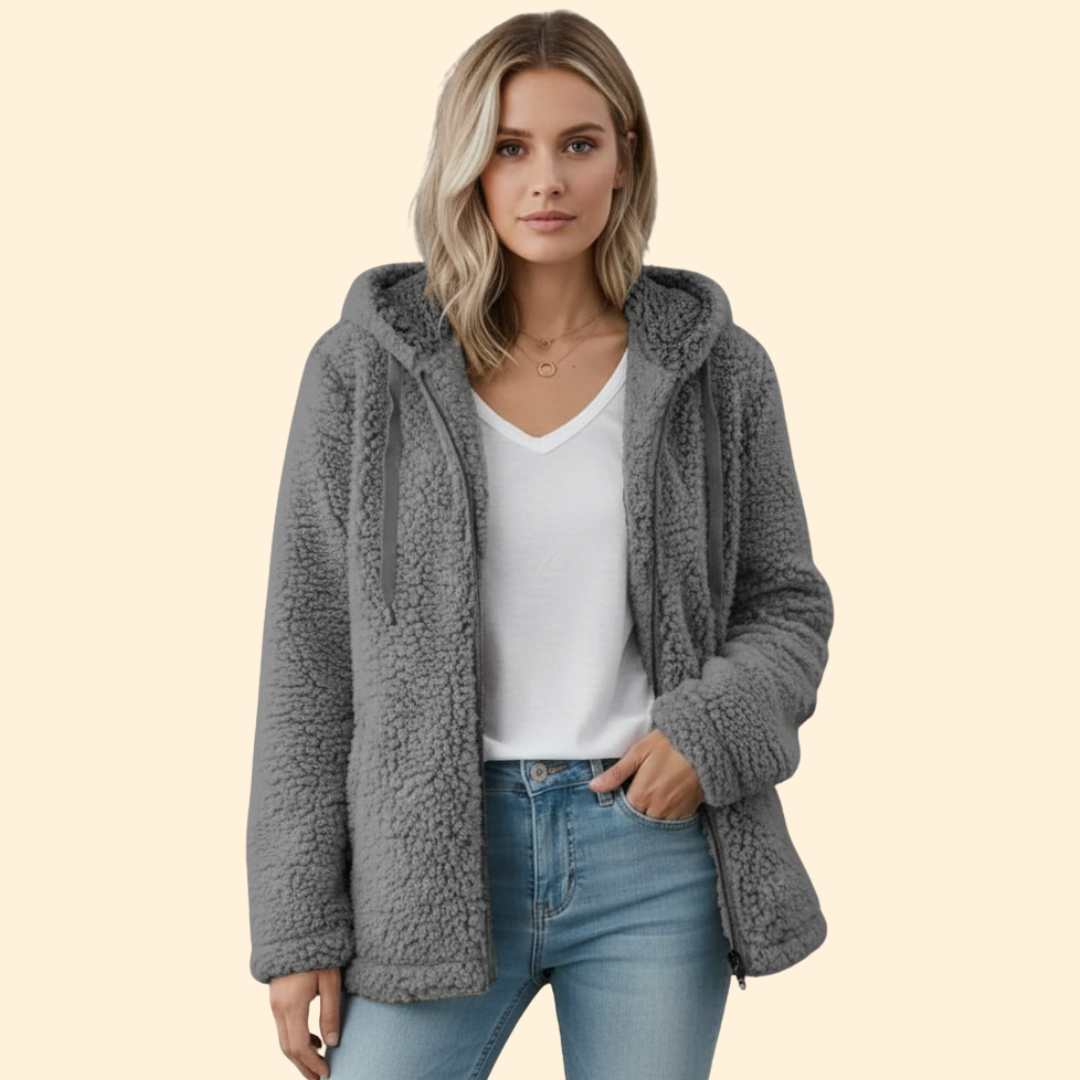 Model wearing casual style women's teddy coat in autumn setting