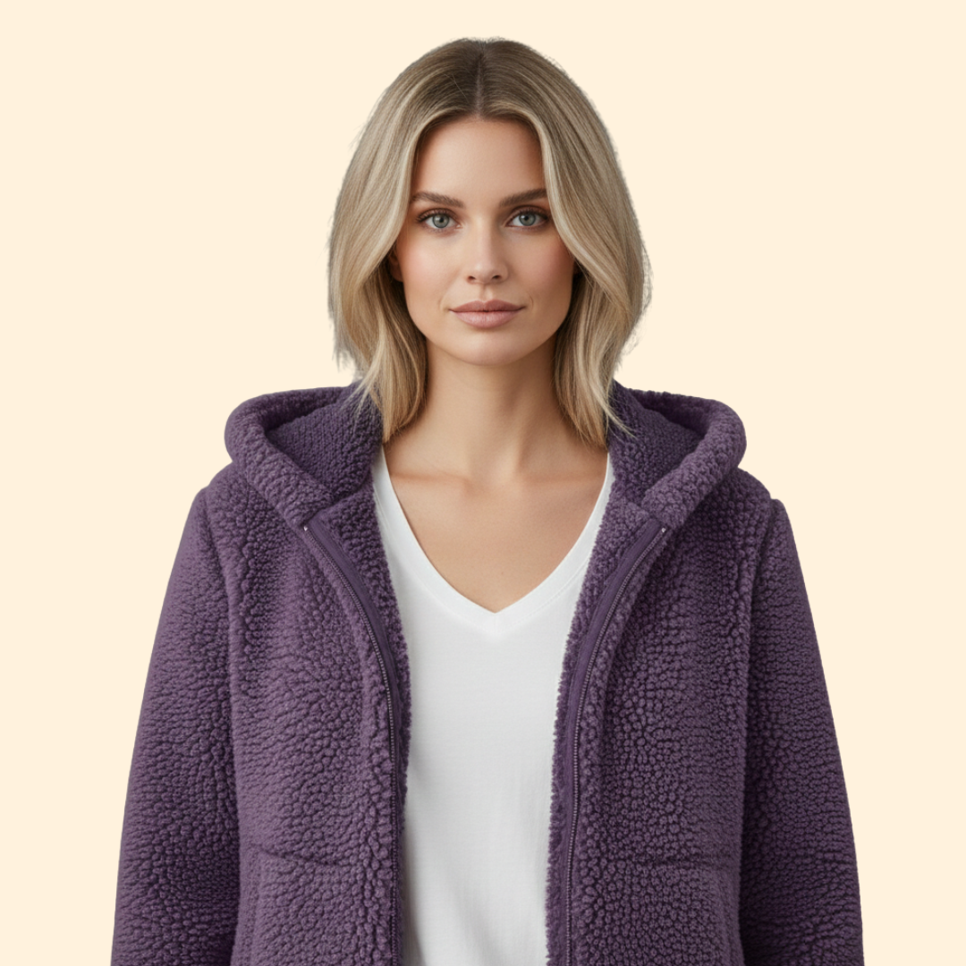 Side view of cozy women's hooded fleece teddy coat for winter