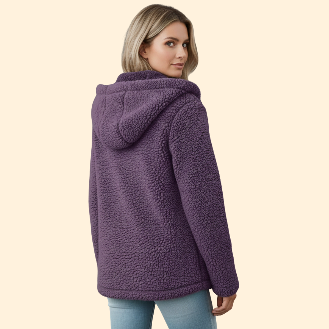 Back view of warm outerwear plus size fleece jacket with hood