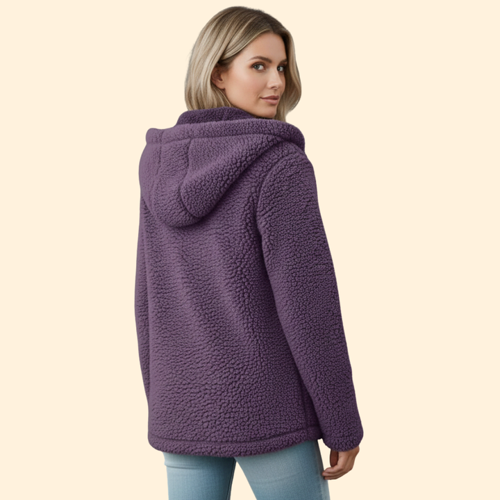 Back view of warm outerwear plus size fleece jacket with hood
