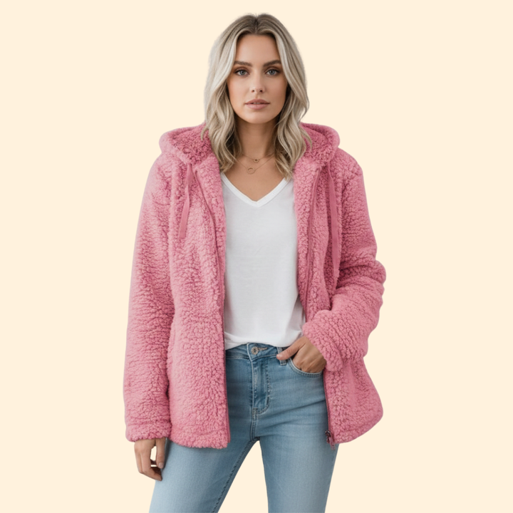 Close-up of soft textured fabric on women's winter teddy coat