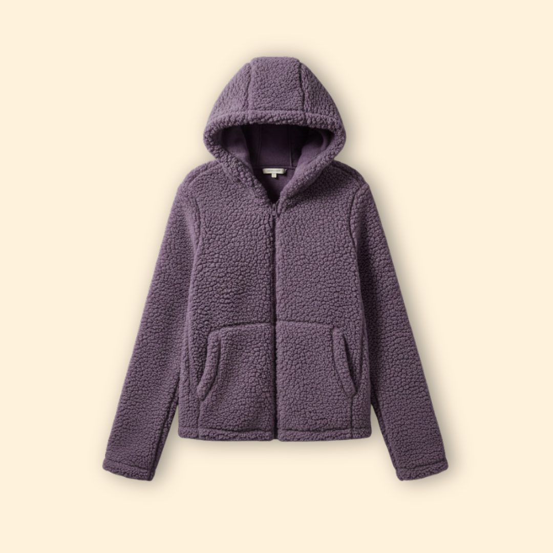Purple hooded fleece teddy coat displayed flat on a neutral background