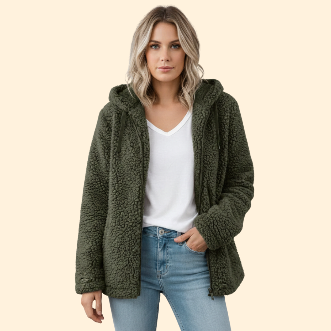 Detail of convenient side pockets on fluffy winter teddy coat