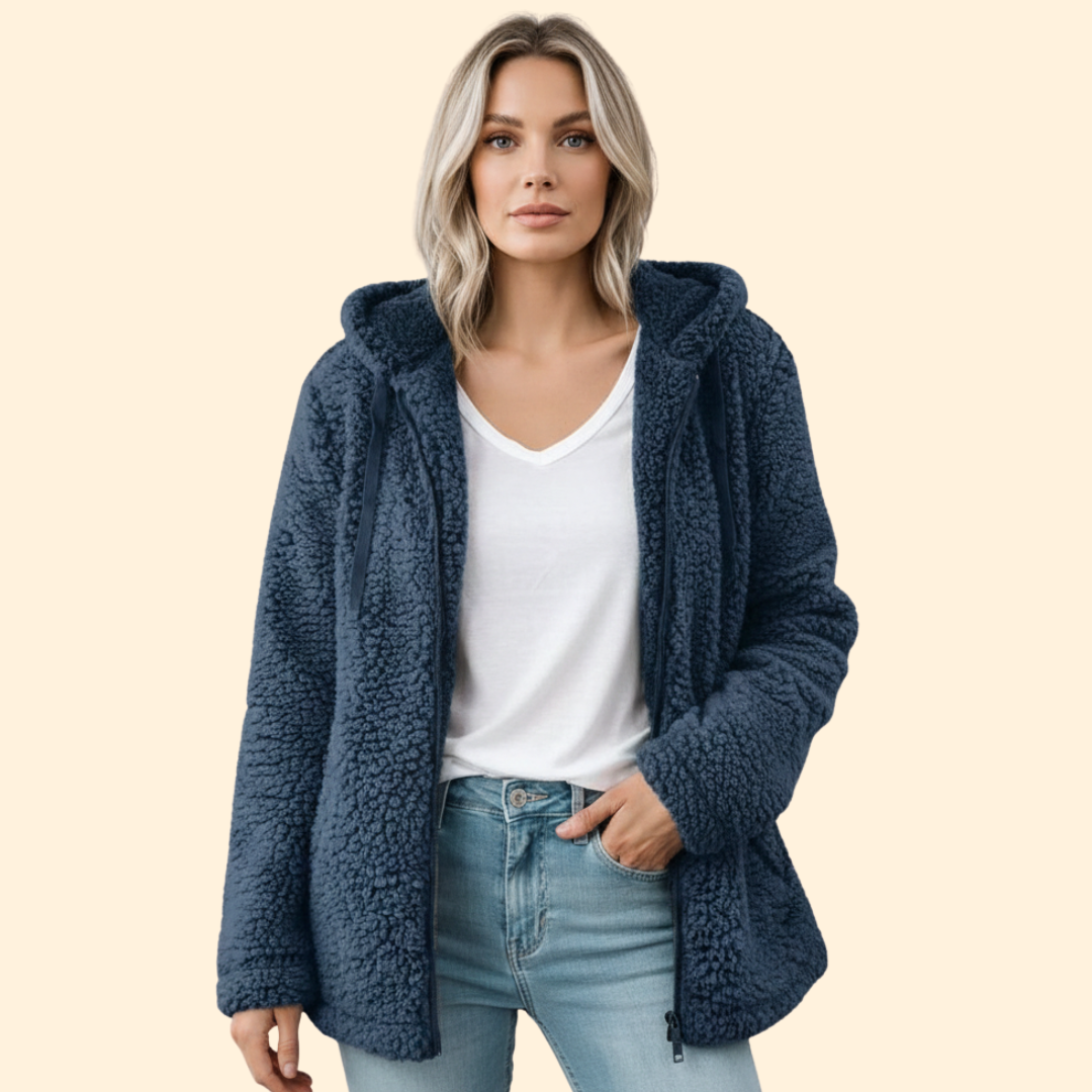 Inner lining detail of warm hooded winter coat for women