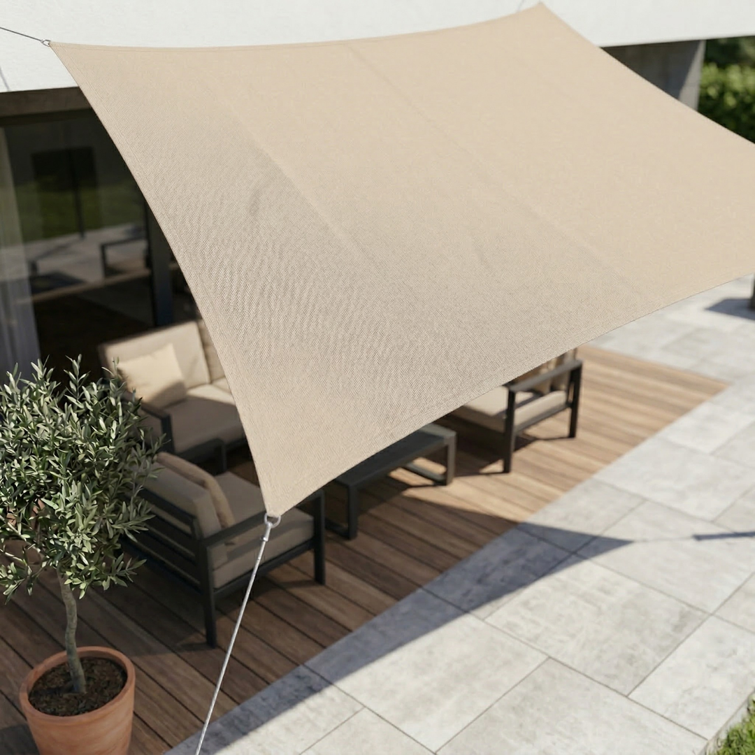 Detailed view of heavy-duty stitched corner webbing on a rectangular shade sail