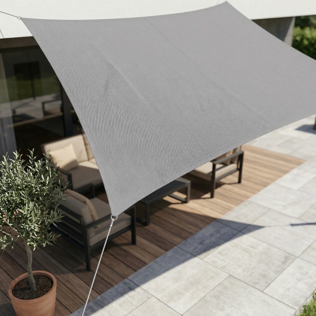 Waterproof sun shade canopy repelling rain during a heavy backyard downpour
