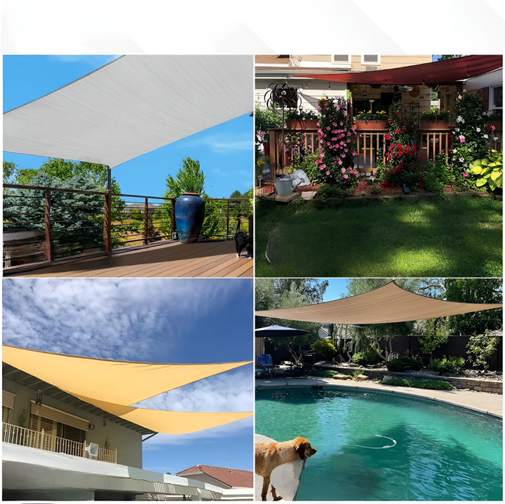 Patio shade sail installed across a modern backyard deck with mounting hardware