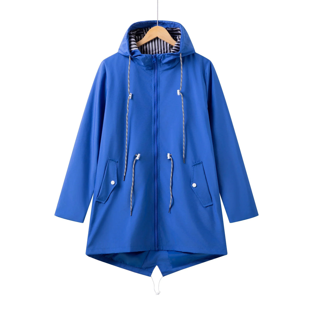 Women's waterproof hooded trench coat in beige, front full-length view showcasing rain jacket design