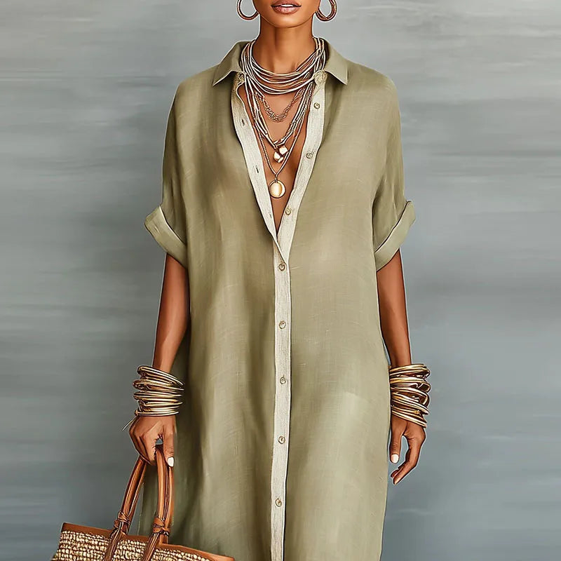 Close-up of the collared neckline and front buttons of a khaki maxi dress
