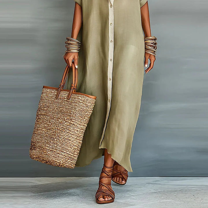 Side view of womens elegant button-down maxi shirt dress in summer style
