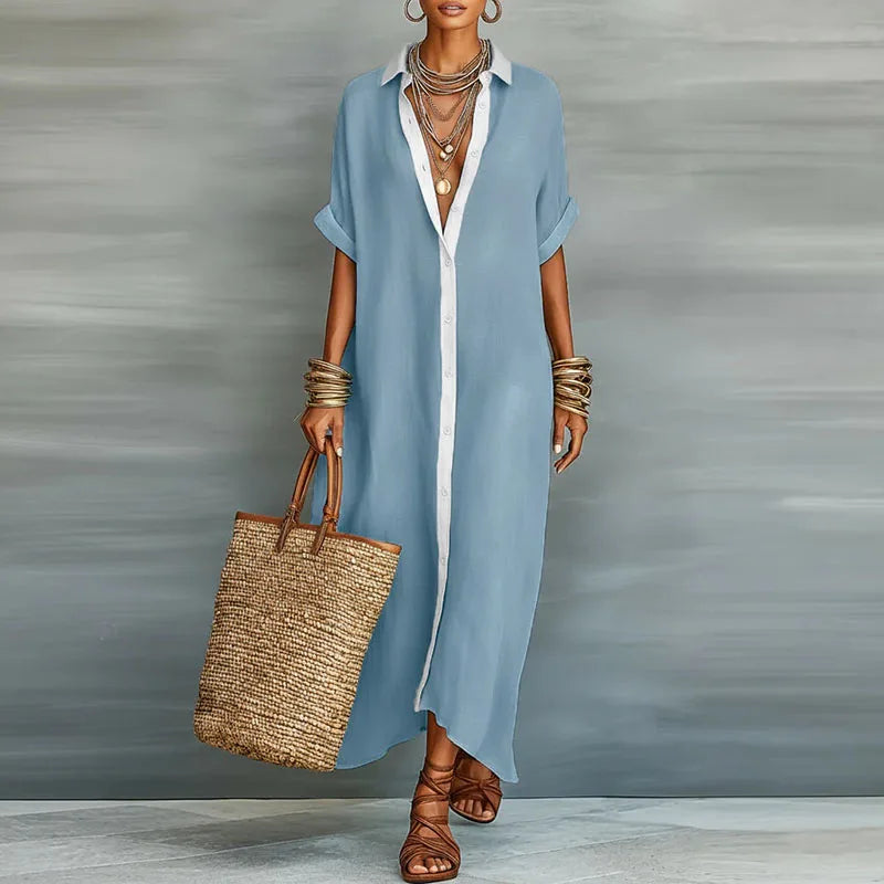 Model wearing stylish button-down maxi shirt dress for casual wear