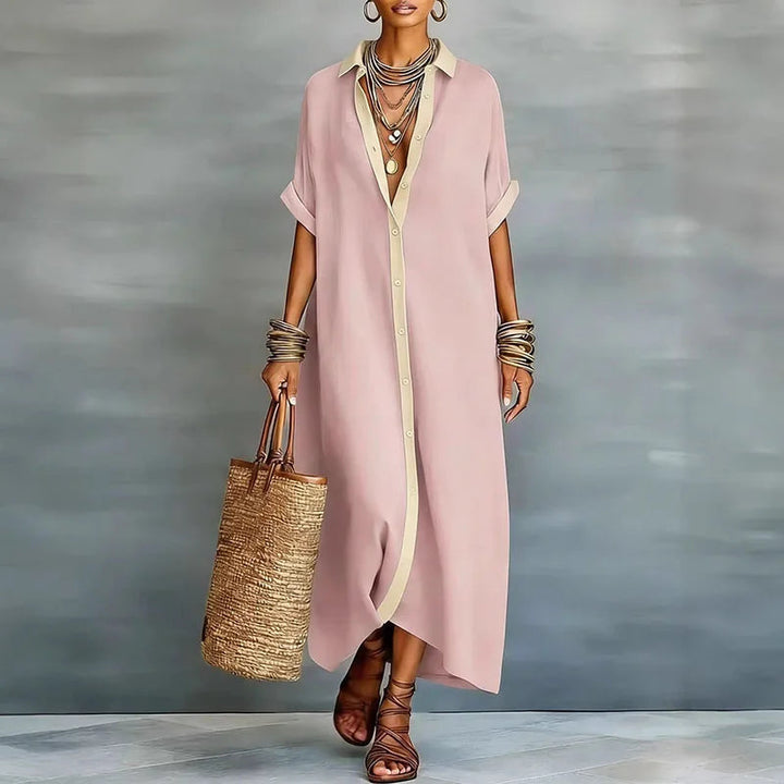 Fabric texture and button detail of womens fashion summer maxi dress