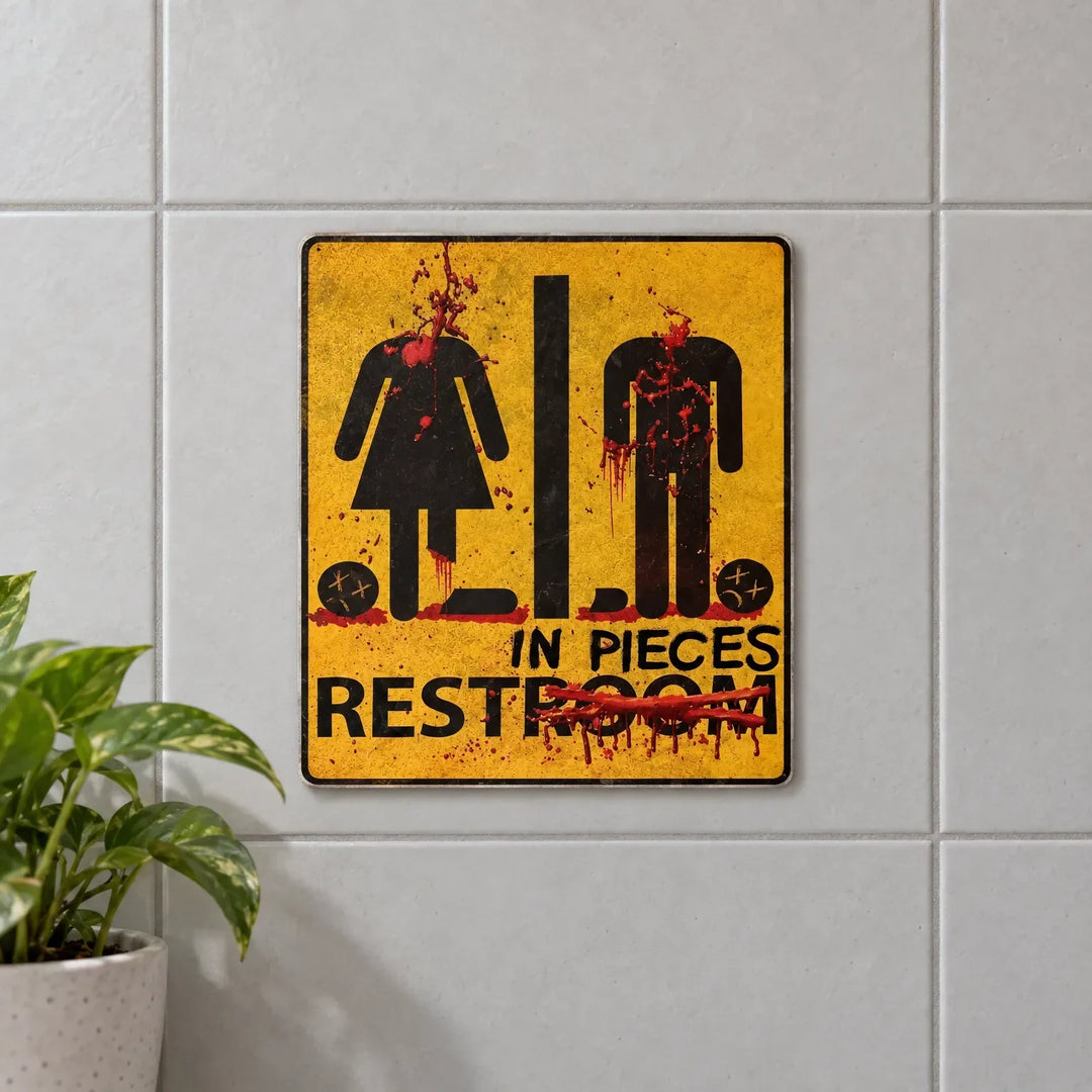 Spooky blood-splattered restroom sign mounted on a tiled wall next to a potted plant