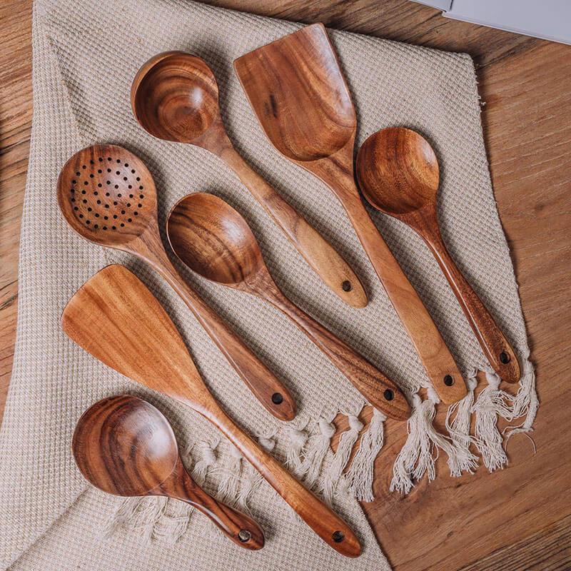 Close-up of sustainable kitchenware wooden cooking tools showing smooth grain