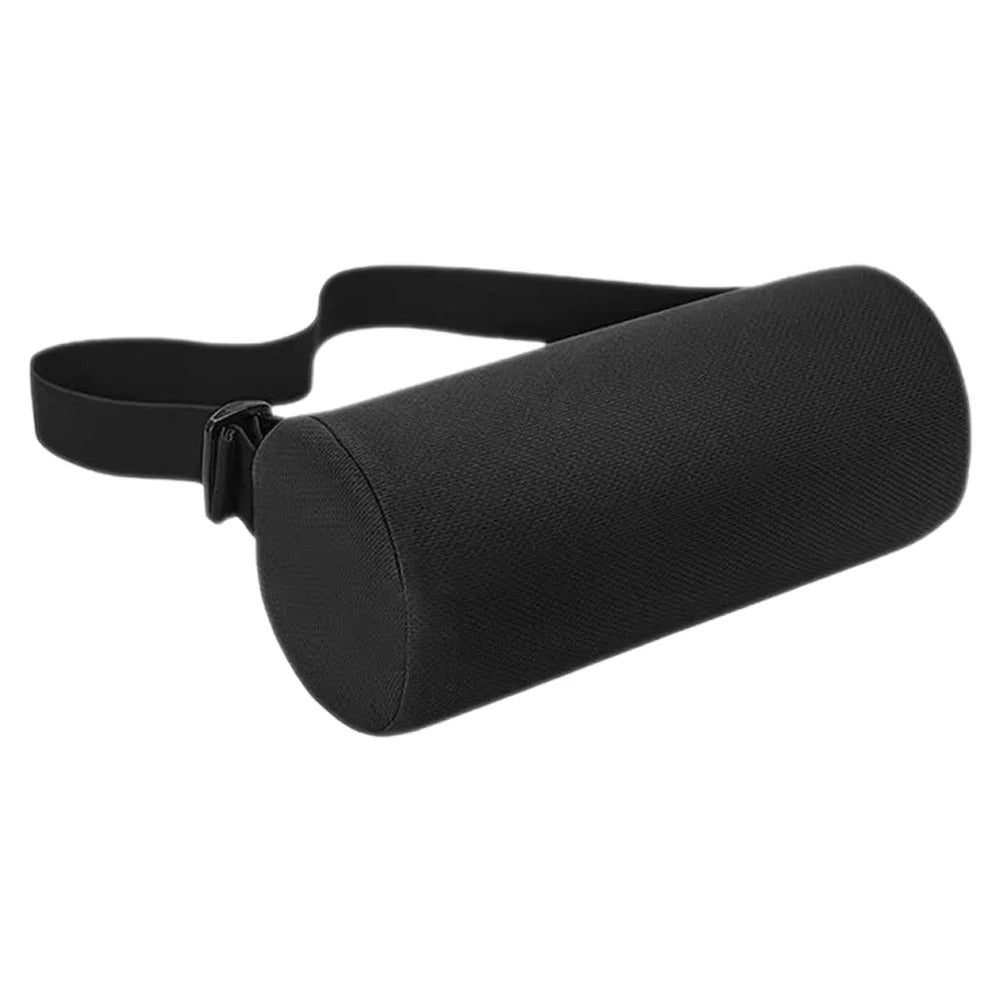 Black cylindrical memory foam lower back support cushion with adjustable strap