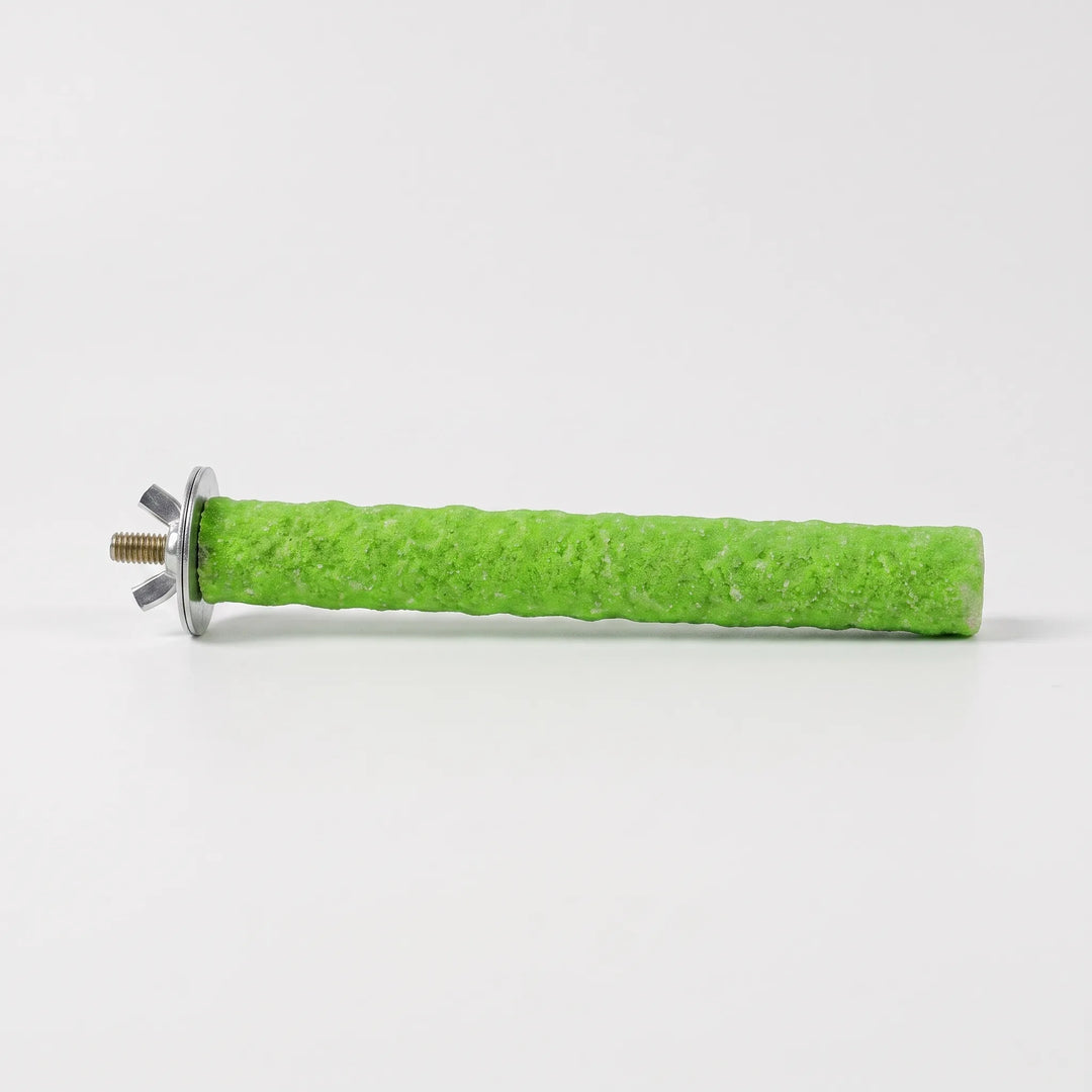 Green textured bird perch with metal screw and washers on a white background