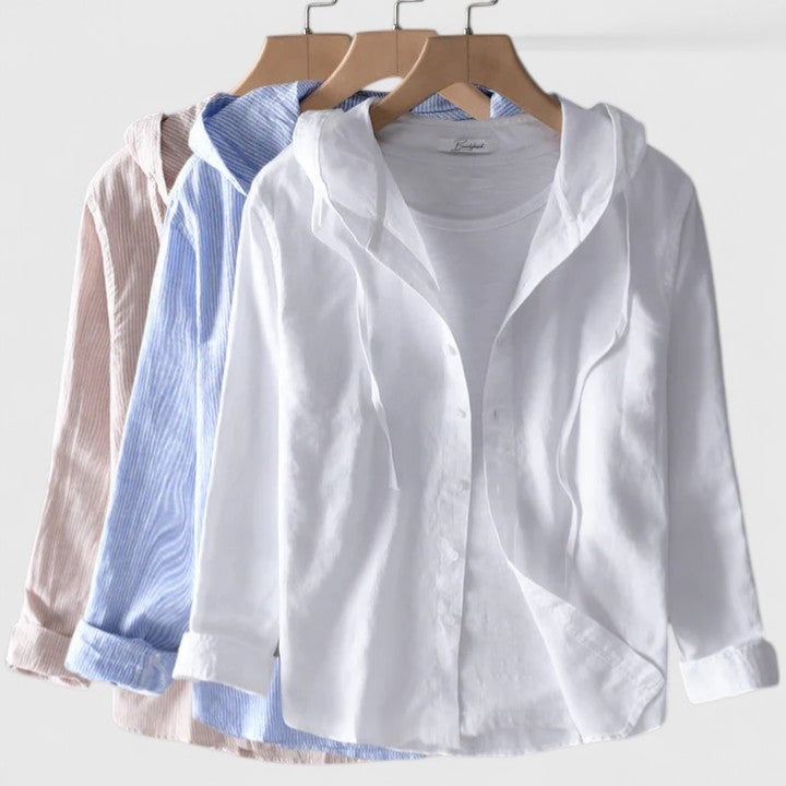 Back view of stylish long-sleeve hooded blouse for women's fashion wear